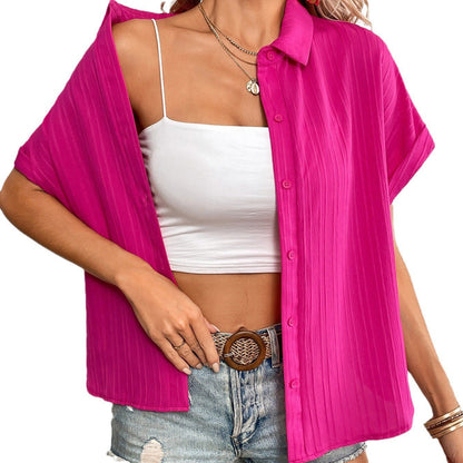 New Popular trade women's clothing  spring and summer casual loose V-neck button-down shirt solid color short-sleeved shirt top