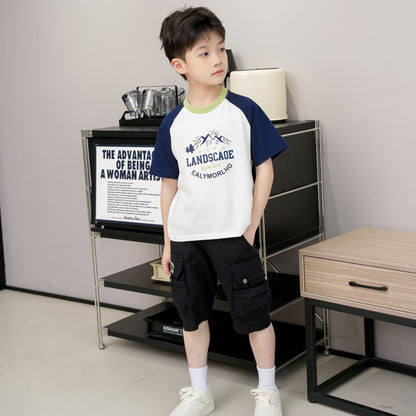 ANTMVS Children's Short Sleeve  Summer New Boys and Girls Color Matching T-shirt Medium and Big Children's Letter Raglan Sleeve Cotton T Undershirt Wholesale