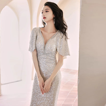 Silver Paillette plus Size Short-Sleeved Evening Dress Winter Art Exam Auto Show Host Catwalk Qianjin High-End Fishtail Dress