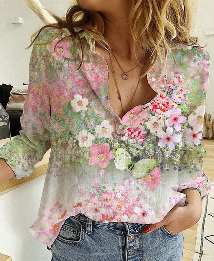 ANTMVS Spring and Summer New Fashion Printed  Linen Cotton Washed Long Sleeve Refreshing Shirt for Women