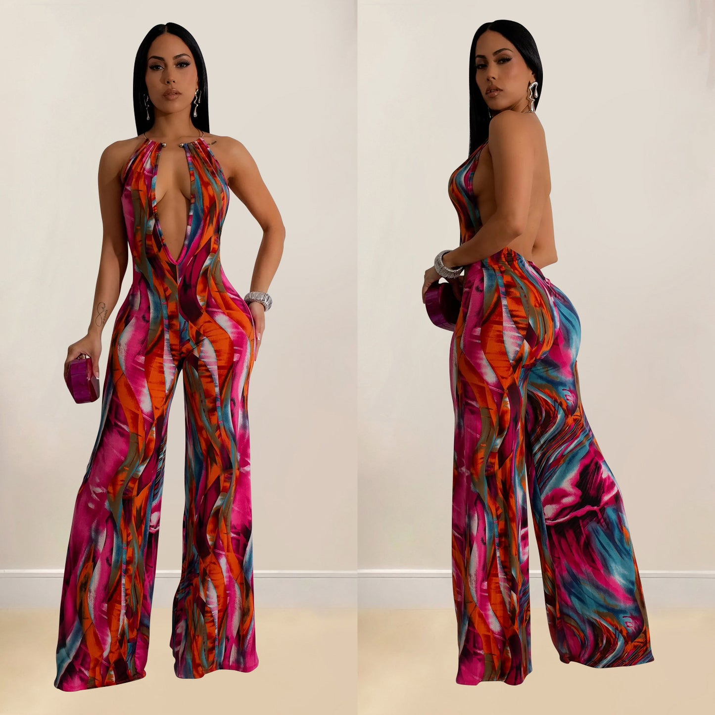 ANTMVS C6930    2025 fashion women's clothing printed sleeveless deep V color matching backless long jumpsuit