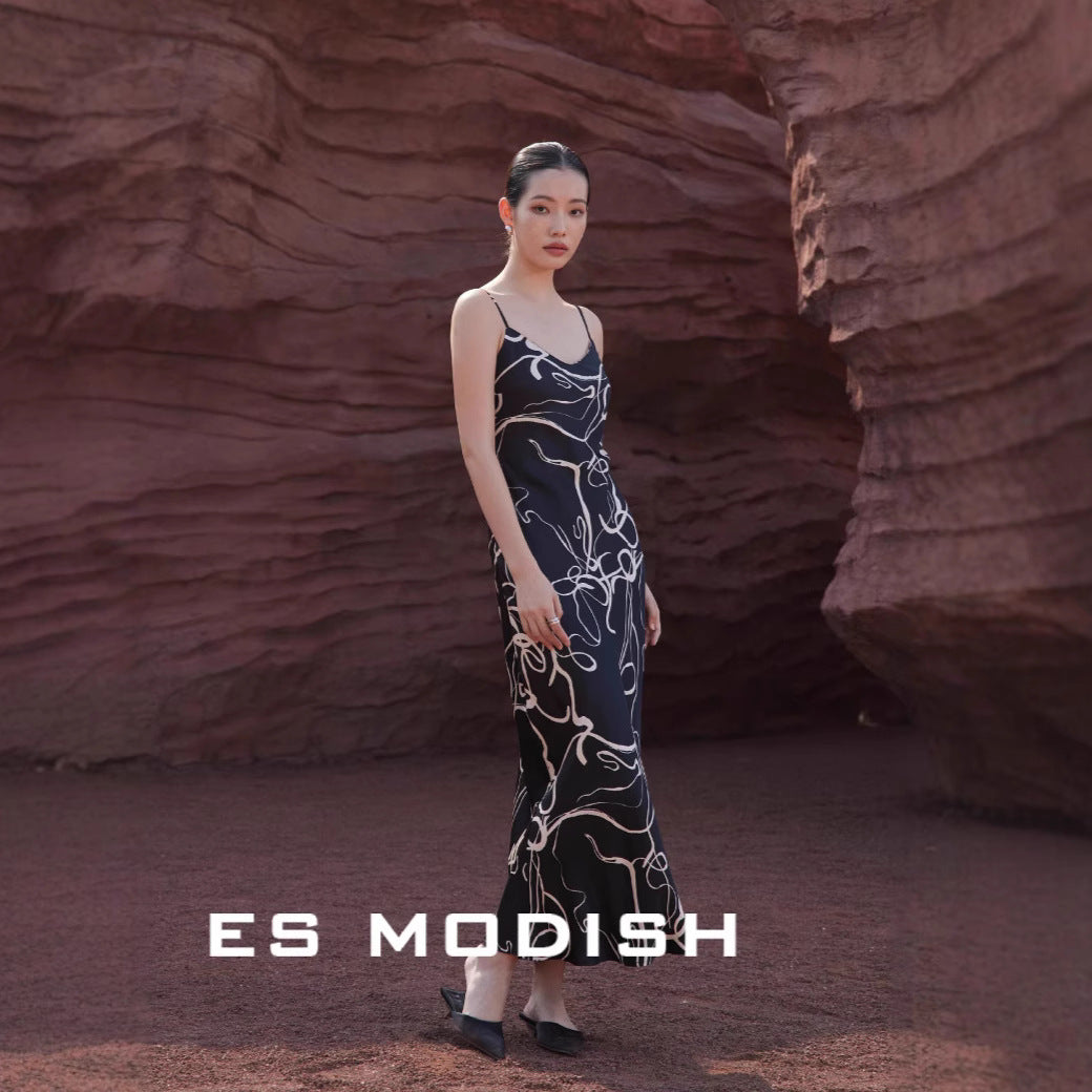 2025 ES MODISH spring new product retro style high-end printing suspender dress tube top waist inner long dress