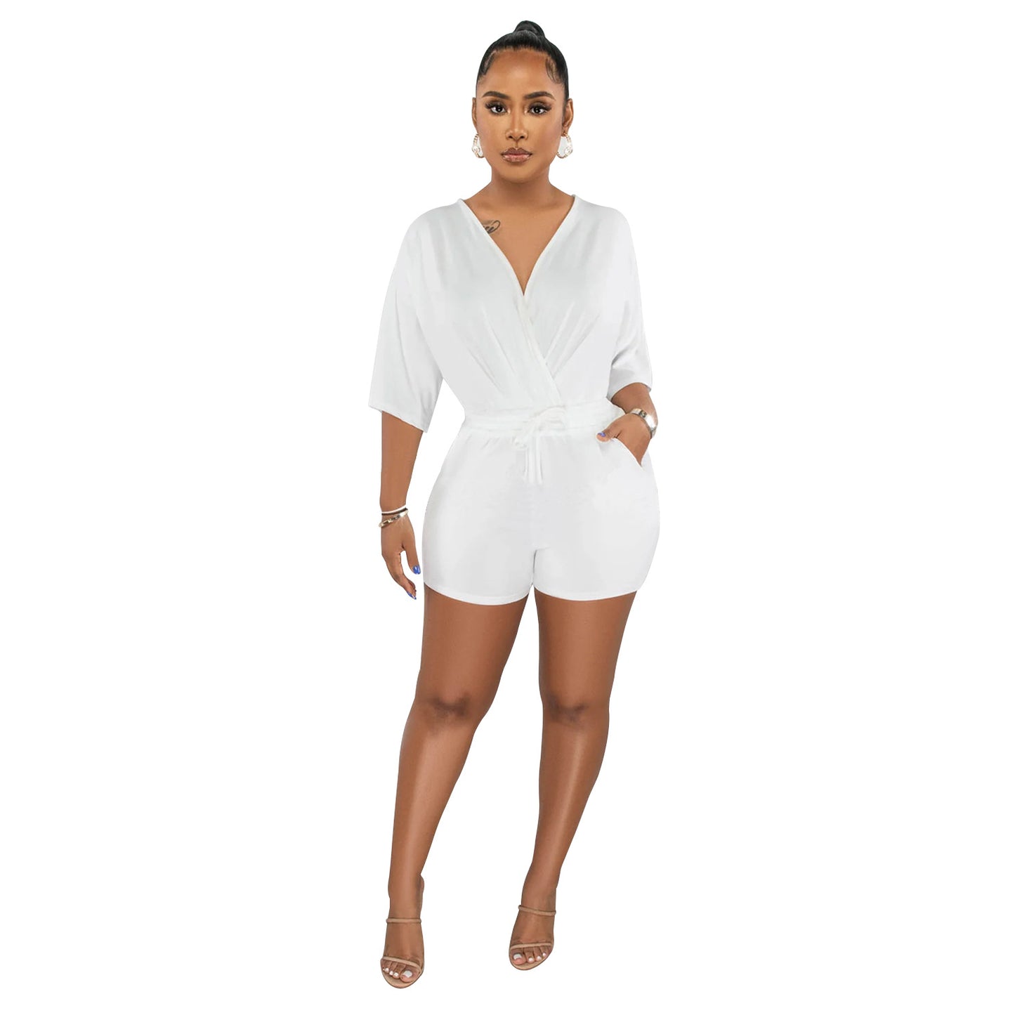 ANTMVSC6308   2025 fashion women's clothing solid color lace-up V-neck medium-sleeved shorts jumpsuit women