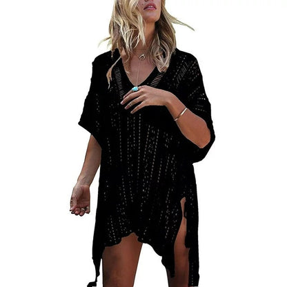 Antmvs -  Women's Hollow Out Asymmetrical Split Hem Crochet Cover Up, Boho V Neck Batwing Sleeve Lace Up Fringe Decor Cover Up, Summer Clothes for Beach Vacation