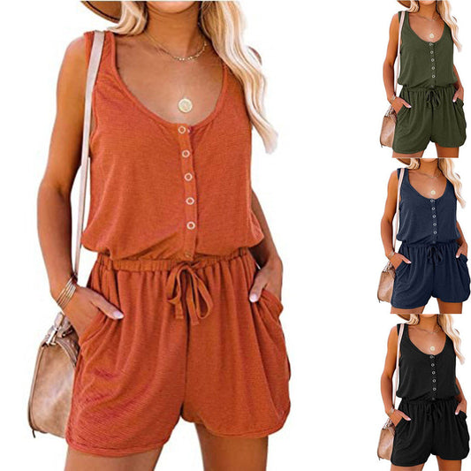 Antmvs -  Fisoew Women's Summer Scoop Neck Sleeveless Button Down Tank Top Rompers Elastic Waist Shorts Outfits with Pockets