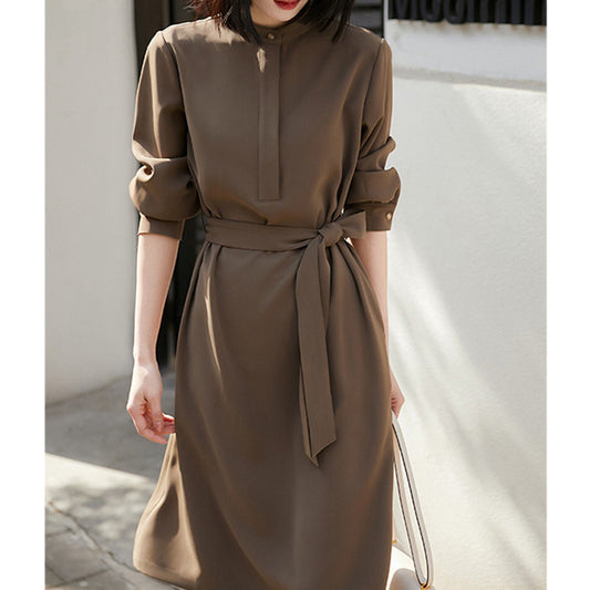 2025 Premium temperament spring dress, long-sleeved lace-up waist skirt, spring and autumn women's clothing new medium and long round neck