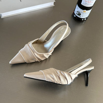 ANTMVS  New Summer Pleated Small Sharp Point High Heel Shoes with Satin Closed Toe Sandals for Women Silver Dinner Party Shoes