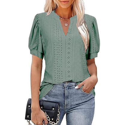 ANTMVS  Cross Border Foreign Trade   Spring and Summer Casual V-neck Solid Color Hollow Puff Sleeve Loose T-shirt