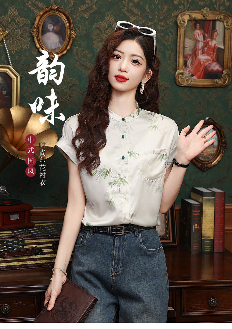 ANTMVS New Chinese Style Printed Temperament Shirt Women's  Summer New Design Sense Fashionable All-Match Simple Top for Women