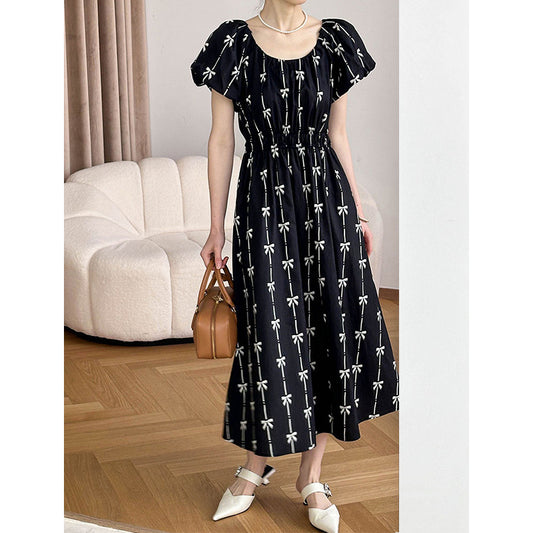 2025 popular spring and summer new dress women's Korean bow print high waist temperament waist long dress 86115