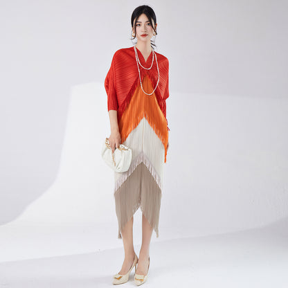 2025 hot-selling dress spring and summer women's design sense contrasting colors tassel irregular loose large-size temperament skirt Popularan goods