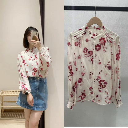 2025 BA  Long Sleeve  New Top Twin Rose Print Front Shoulder Fungus Front Buckle Chiffon Shirt