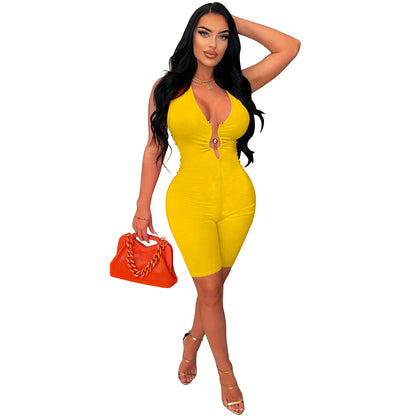 ANTMVSX6329   2025 fashion women's clothing solid color halter V-neck sleeveless shorts jumpsuit women