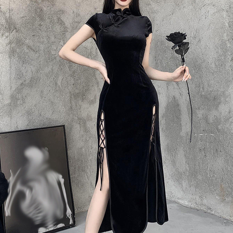 Cheongsam Dress Improved Dress Summer New Chinese Style Sexy Slit Lace-up Cool Chic Black Temperament Long Dress 2023