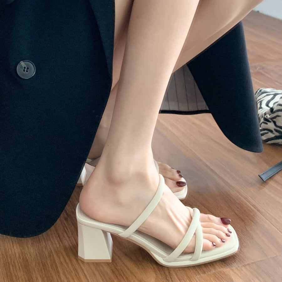 ANTMVS  Not Tired! Women's Sandals Summer  New One-Strap Back Empty Square Toe Open Toe Chunky Heel High Heel Slippers