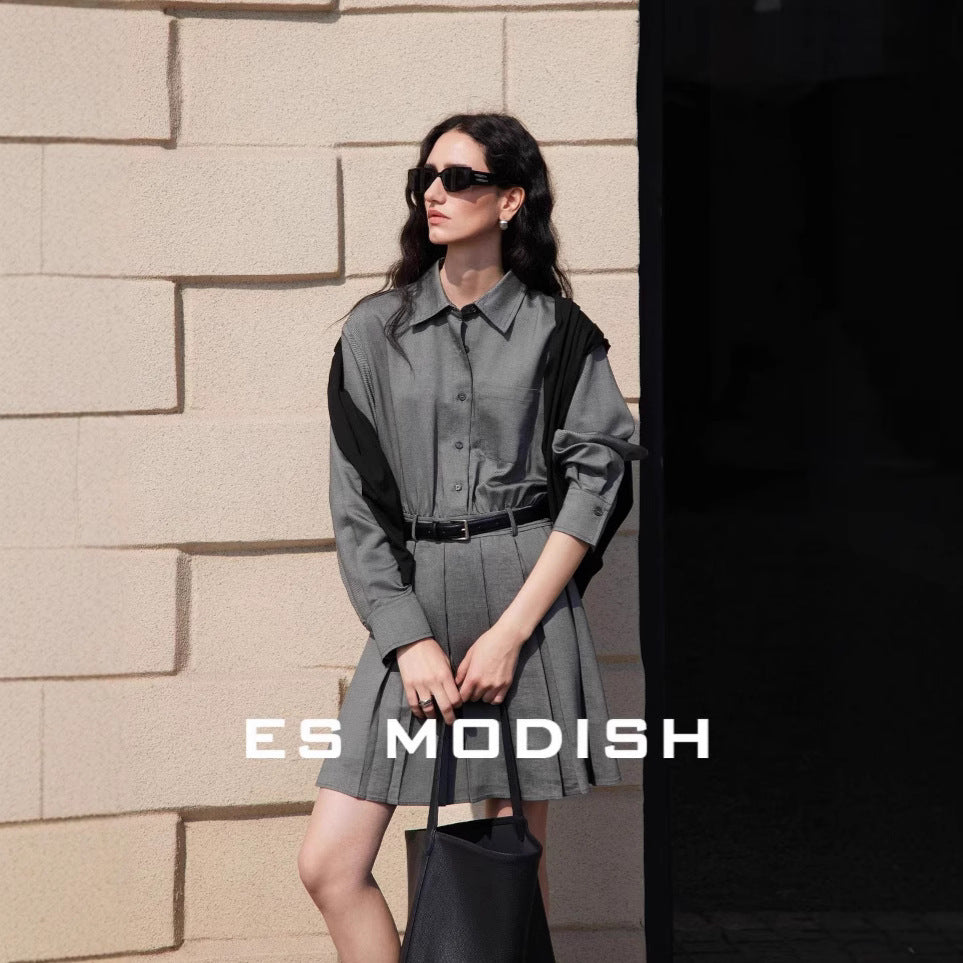 2025 ES MODISH Spring New Urban Commuter Waist Shirt Dress Pleated Long Sleeve Skirt (with Belt)