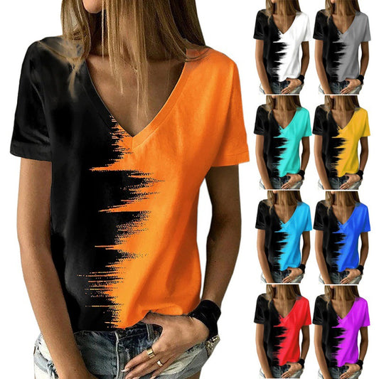 ANTMVS  2022 Summer European and American plus Size Women's Clothes Contrast Color Top Cross-Border Wish  New V-neck Short Sleeve Women's T-shirt