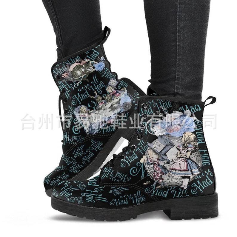 Cross-Border Foreign Trade plus Size Autumn and Winter Women's Martin Boots Wonderland Gothic Print British Leather Tooling Combat Boots