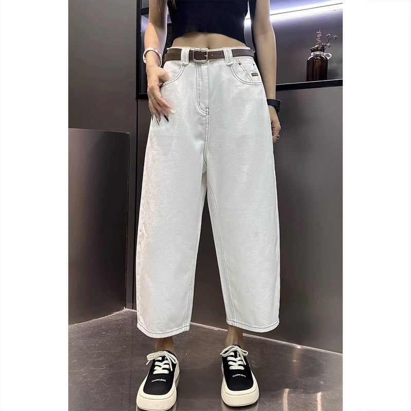 Antmvs Summer New plus Size Women's Clothing Thin White Straight Banana Wide Leg Jeans High Waist Loose and Slimming Daddy Pants