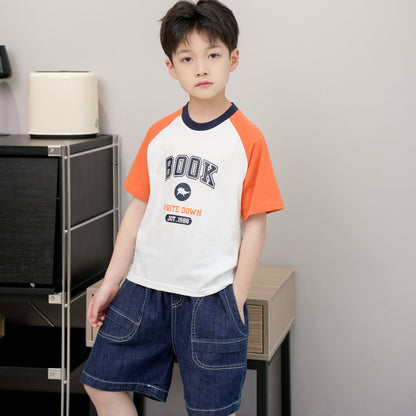 ANTMVS Children's Short Sleeve  Summer New Boys and Girls Color Matching T-shirt Medium and Big Children's Letter Raglan Sleeve Cotton T Undershirt Wholesale