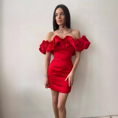 Cross-Border HOTan and NEWn Style Dress  Summer Socialite Women's Clothes Ruffled Sexy Oblique Shoulder High-End Temperament Formal Dress