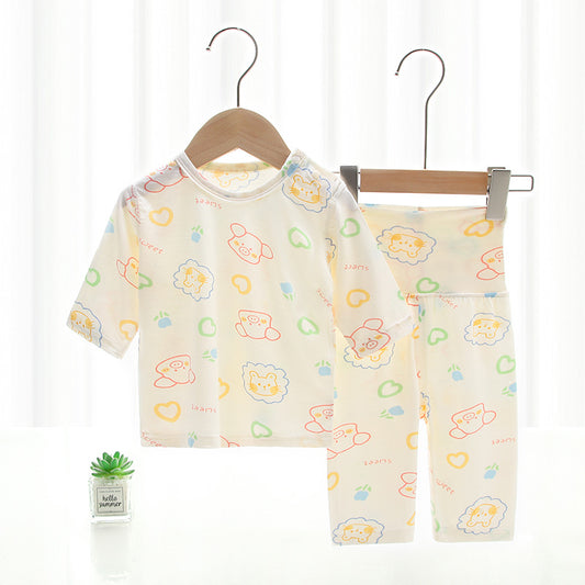 ANTMVS Baby Short Sleeve Children's Suit Summer Thin Class a 7-Point Sleeve Air Conditioning Clothes High Waist Belly Protection Pants Baby Homewear Pajamas