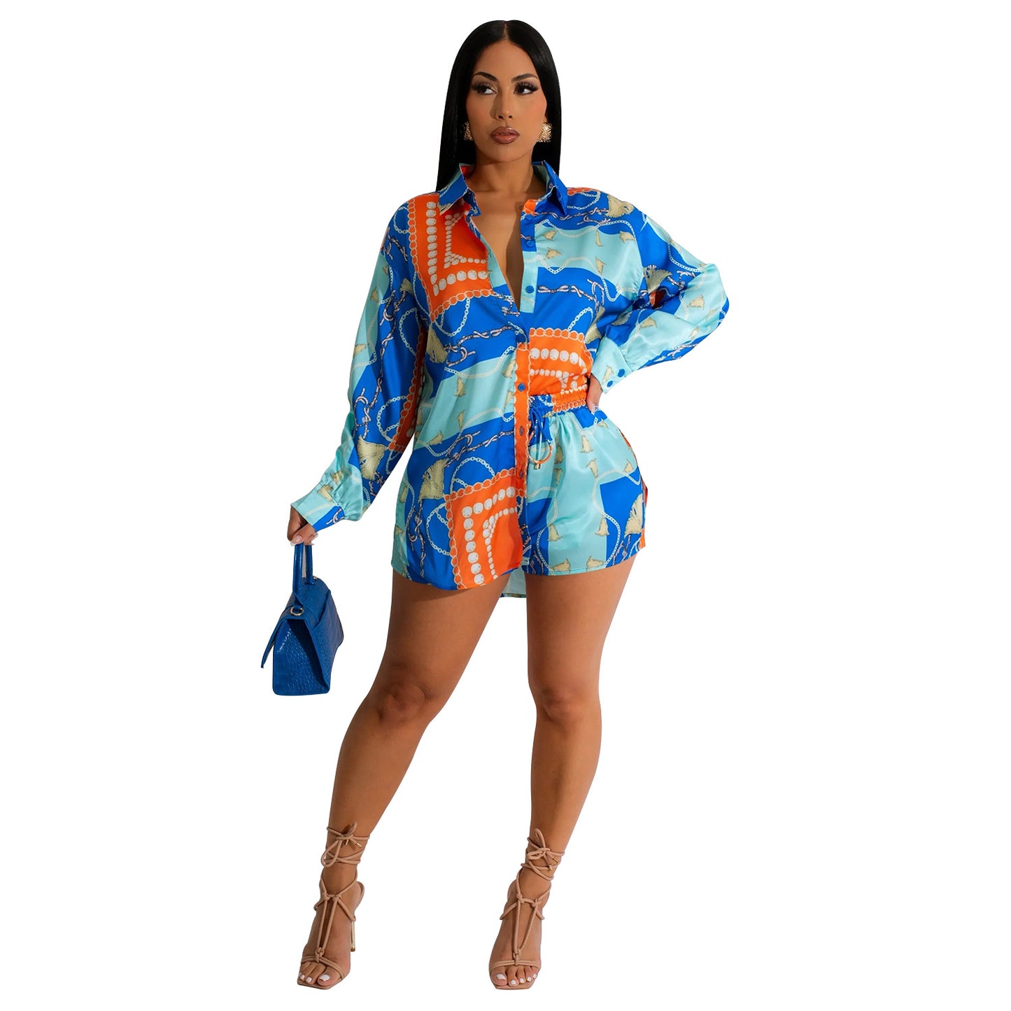 ANTMVSX6277   2025 fashion women's clothing color matching lapel shirt long-sleeved shorts two-piece set