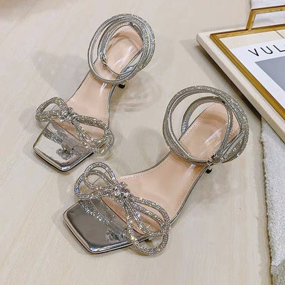 ANTMVS  Summer New Square Toe Hollowed Sandals Bow Rhinestone Women's Strap Shoes Factory Wholesale High Heels