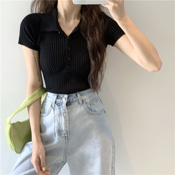 Antmvs -  Women's Plain Buttons Collared Tee, Elegant Casual Short Sleeve T-shirt for Summer, Ladies Clothes for Daily Wear