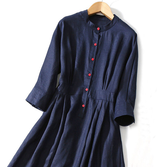 2025 Linen, shirt dress age reduction  summer new women's clothing literary and art fan shirt skirt medium sleeve medium and long skirt