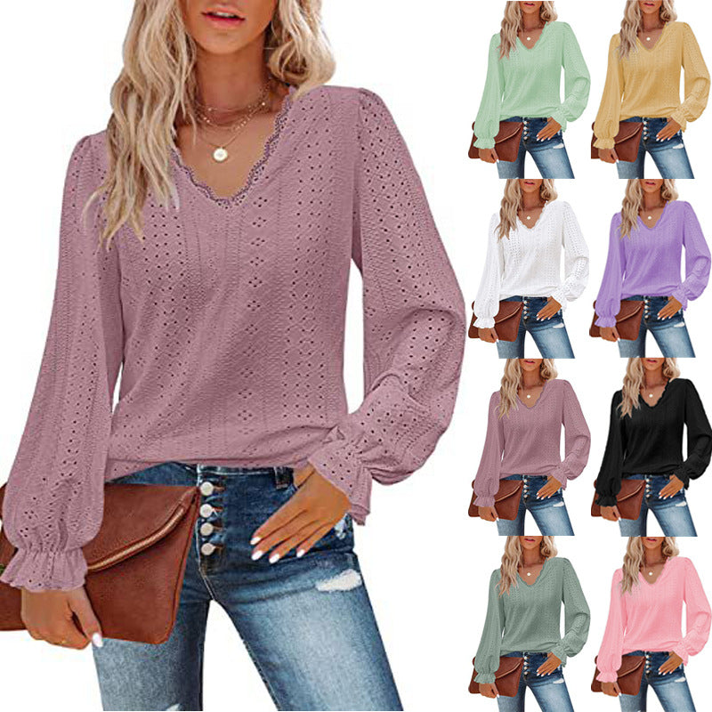 ANTMVS New Cross-Border European and American Style Women V-neck T-shirt Autumn Hollowed Leisure Pleated Sleeve Top Shirt