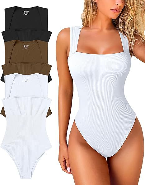 Antmvs -  Women's 3 Piece Basic Bodysuits Sexy Ribbed Strappy Square Neck Sleeveless Bodysuits