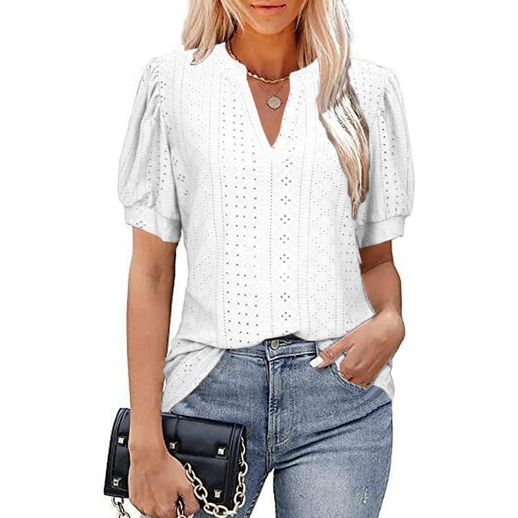 ANTMVS  Cross Border Foreign Trade   Spring and Summer Casual V-neck Solid Color Hollow Puff Sleeve Loose T-shirt