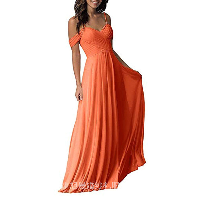 Women's off-the-Shoulder Chiffon A- line Ruffled Bridesmaid Dress Long Evening Gown Formal Dress for Prom Party