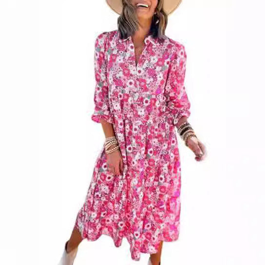 ANTMVS New Casual Loose Long Sleeve V-neck Women's Bohemian Floral Flowy A- line Dress