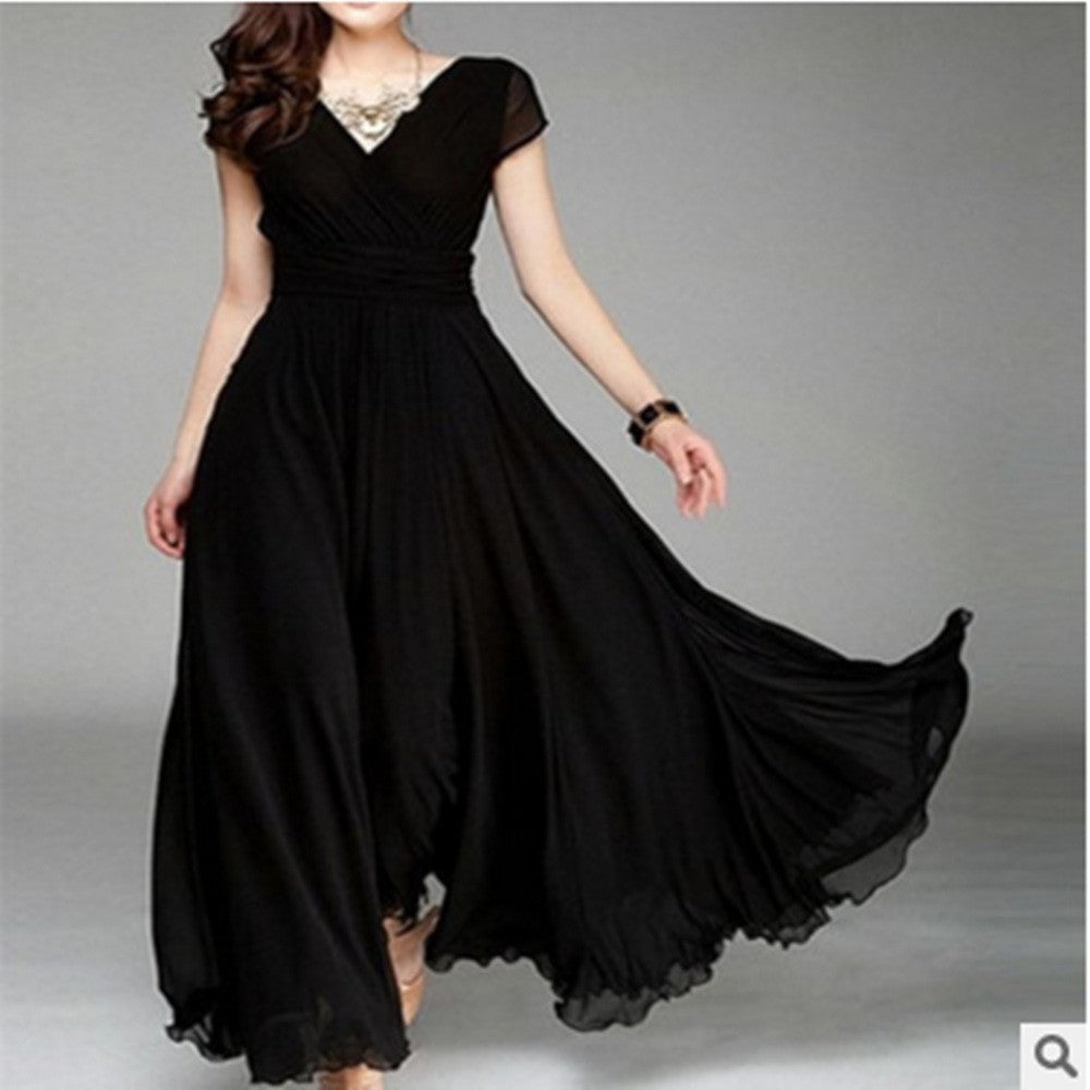 ANTMVS  EBay    Cross Border V-neck Short Sleeve Bohemian Chiffon Waist Dress Evening Dress