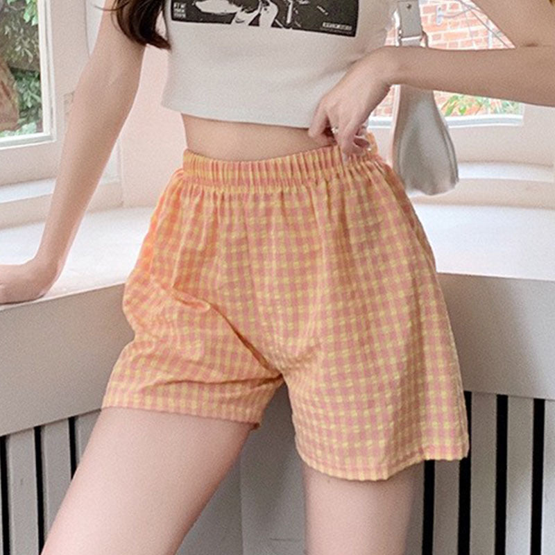 Antmvs Summer Home Plaid Floral Shorts Sports High Waist Slimming Wide Leg Pants Loose Casual Pajama Pants for Women