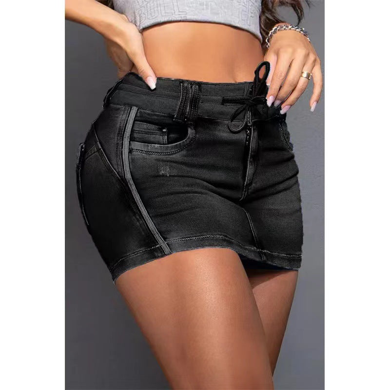 Antmvs -  Chicme Contrast Binding Ripped Drawstring Denim Skorts