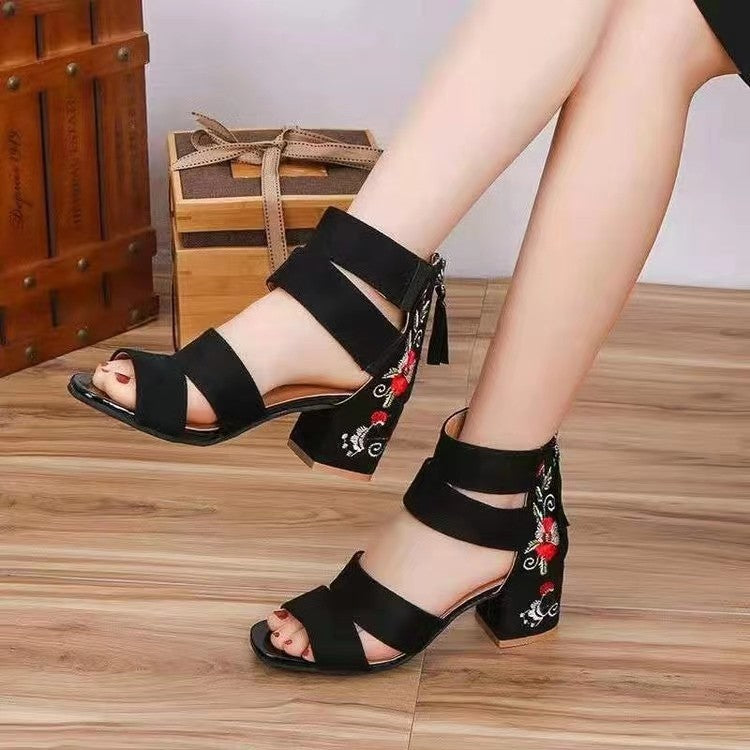 ANTMVS  Roman Shoes Women's Summer Wear European and American Embroidery Open Toe Thick High Heel Sandals plus Size Fashion Sandals Wholesale