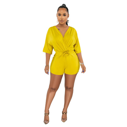 ANTMVSC6308   2025 fashion women's clothing solid color lace-up V-neck medium-sleeved shorts jumpsuit women