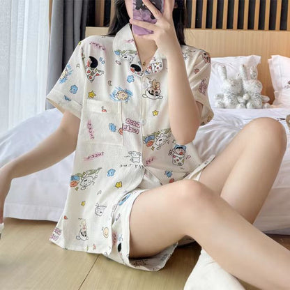 Antmvs -  Women's All Over Print Elastic Waist Pyjama Set, Button Front Top & Bow Decor Shorts, Summer Sleepwear, Pajama Sets Women, Nightwear Set for Women