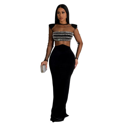 ANTMVS  C6823 Cross-border   2025 fashion women's clothing solid color mesh hot diamond long sleeve long dress dress