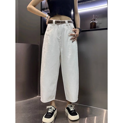 Antmvs Summer New plus Size Women's Clothing Thin White Straight Banana Wide Leg Jeans High Waist Loose and Slimming Daddy Pants