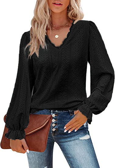 ANTMVS New Cross-Border European and American Style Women V-neck T-shirt Autumn Hollowed Leisure Pleated Sleeve Top Shirt