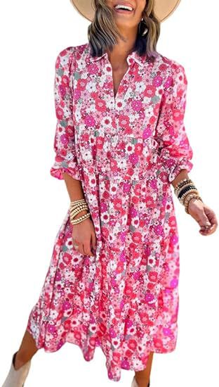 ANTMVS New Casual Loose Long Sleeve V-neck Women's Bohemian Floral Flowy A- line Dress