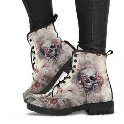 Cross-Border Foreign Trade plus Size Autumn and Winter Women's Martin Boots Wonderland Gothic Print British Leather Tooling Combat Boots