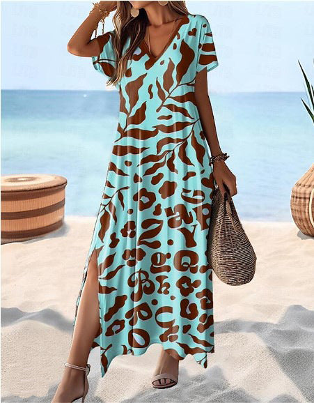 ANTMVS  Summer   Cross Border V-neck Short Sleeve High Waist Plant Floral Print Maxi Dress for Women Dress