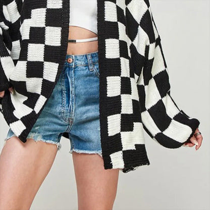 Antmvs -  Women's Checkerboard Pattern Drop Shoulder Cardigan, Casual Long Sleeve Open Front Knitwear for Summer, Fashion Ladies' Knit Clothing for Daily Wear