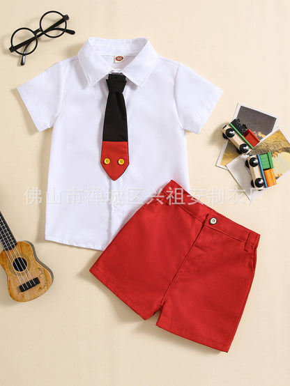 ANTMVS Children's Clothing  Summer New Children's Preppy Style Short-Sleeved Shirt Gentleman Tie Shorts Set