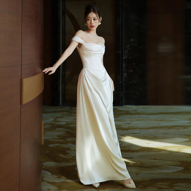 off-Shoulder Light Wedding Dress Bride High-Grade White Simple Satin Dress Temperament Entry Lux Slim-Fit Fishtail Skirt